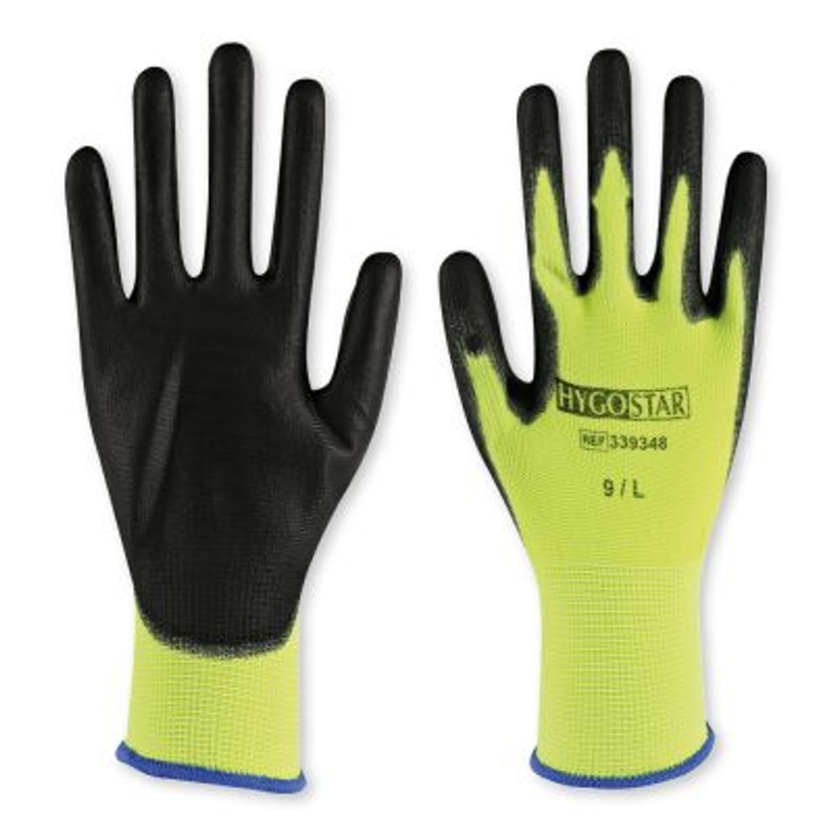 Zwei neongelbe Feinstrickhandschuhe nebeneinander, links Innenhand mit schwarzer Beschichtung, rechts Rücken Zwei neongelbe Feinstrickhandschuhe nebeneinander, links Innenhand mit schwarzer Beschichtung, rechts Rücken
