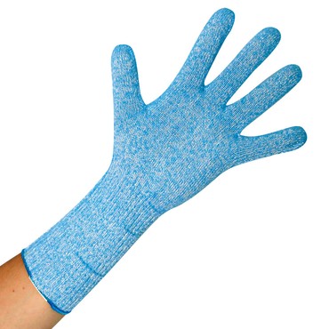 Blauer Schnitt- und Kälteschutzhandschuh aus Strick mit langem Bündchen, Hand gespreizt Blauer Schnitt- und Kälteschutzhandschuh aus Strick mit langem Bündchen, Hand gespreizt