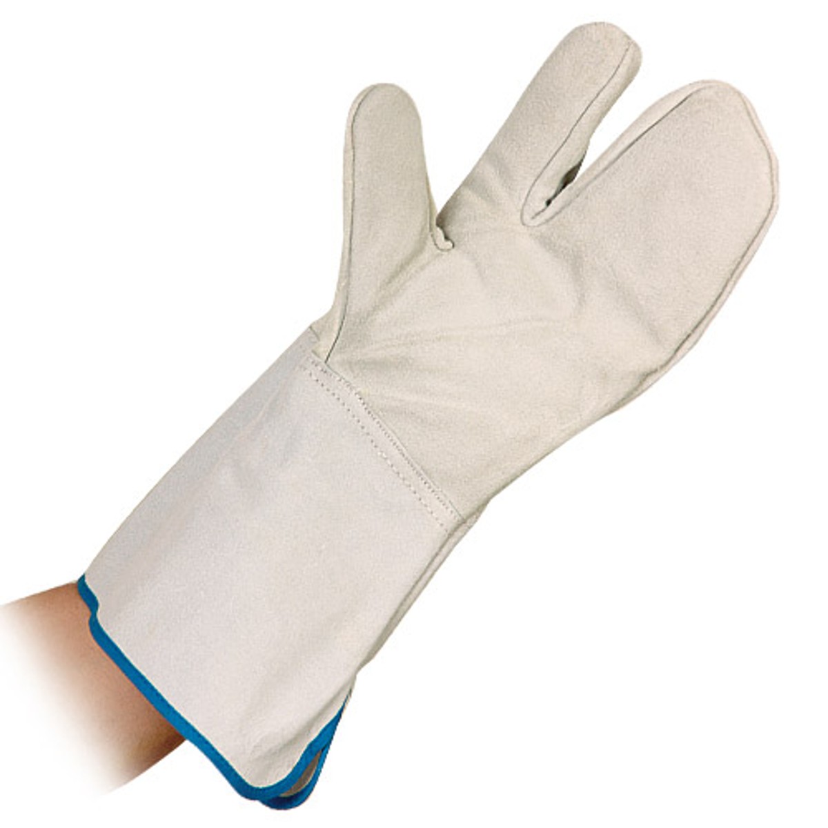 Heller 3-Finger-Hitzeschutzhandschuh aus Leder mit langer Stulpe und blauem Rand an der Hand