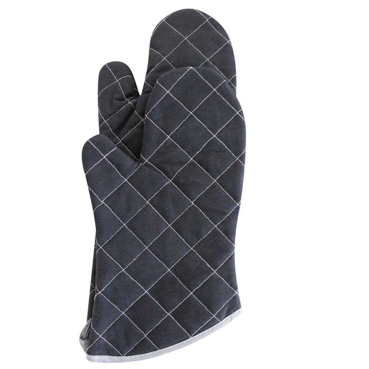 Zwei schwarze gesteppte Backhandschuhe mit hellem Rand nebeneinander, freigestellt Zwei schwarze gesteppte Backhandschuhe mit hellem Rand nebeneinander, freigestellt