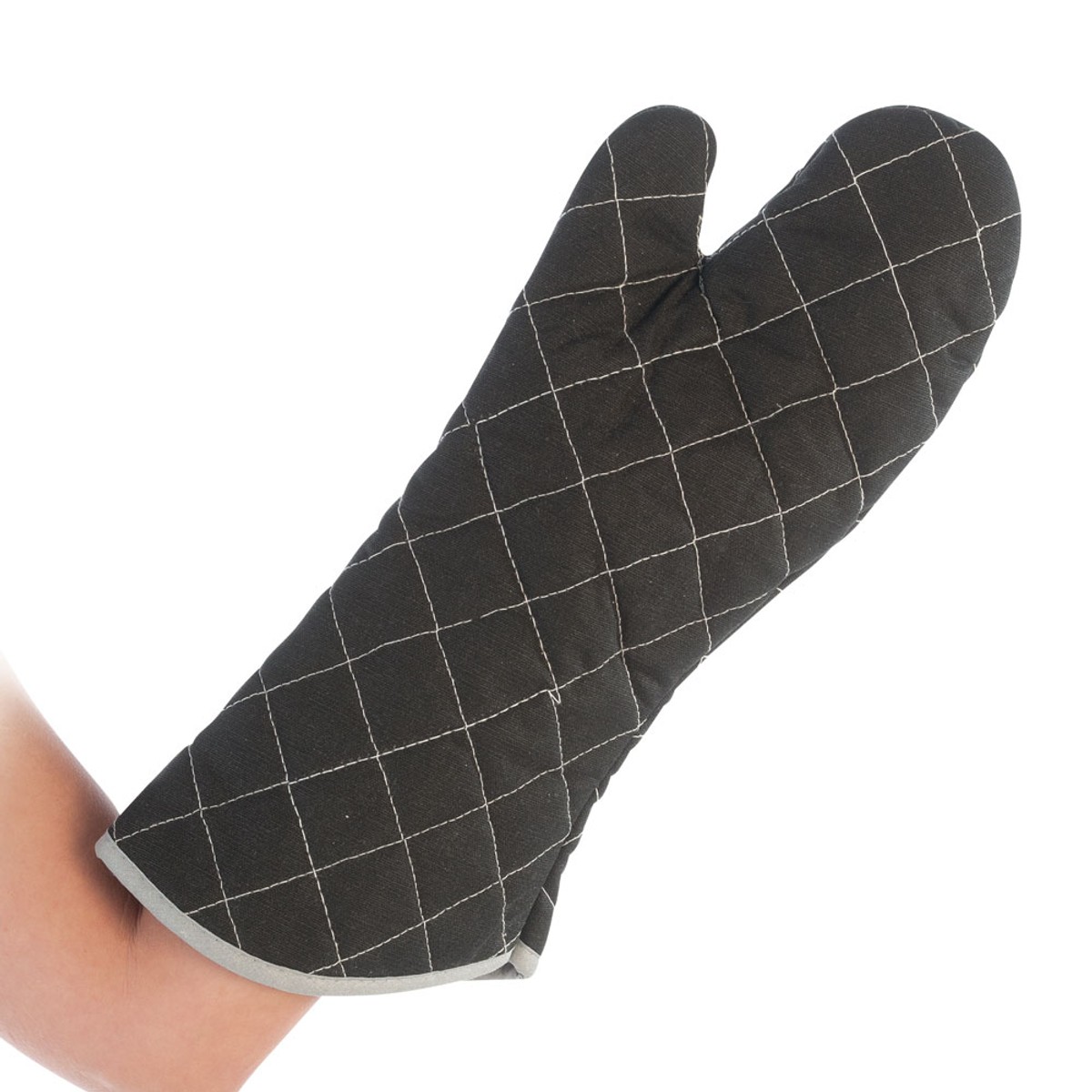 Gefütterter schwarzer Backhandschuh mit heller Steppnaht an der Hand, Unterarm sichtbar Gefütterter schwarzer Backhandschuh mit heller Steppnaht an der Hand, Unterarm sichtbar