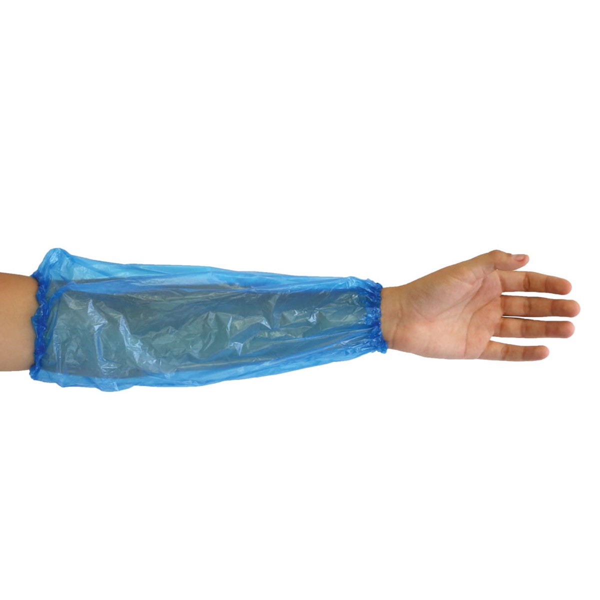 Blauer PE-Ärmelschutz mit elastischen Abschlüssen am Unterarm, Hand nach oben geöffnet