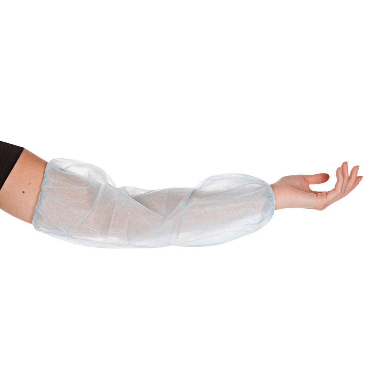 Hellblauer PP-Schutzärmel mit elastischen Abschlüssen am Unterarm, Hand nach oben gebogen Hellblauer PP-Schutzärmel mit elastischen Abschlüssen am Unterarm, Hand nach oben gebogen