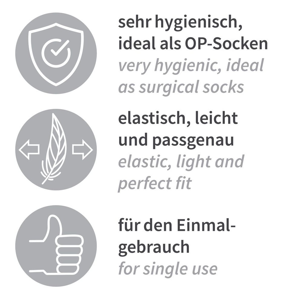 Grafik mit Eigenschaften: sehr hygienisch, elastisch, leicht, passgenau und für den Einmalgebrauch Grafik mit Eigenschaften: sehr hygienisch, elastisch, leicht, passgenau und für den Einmalgebrauch