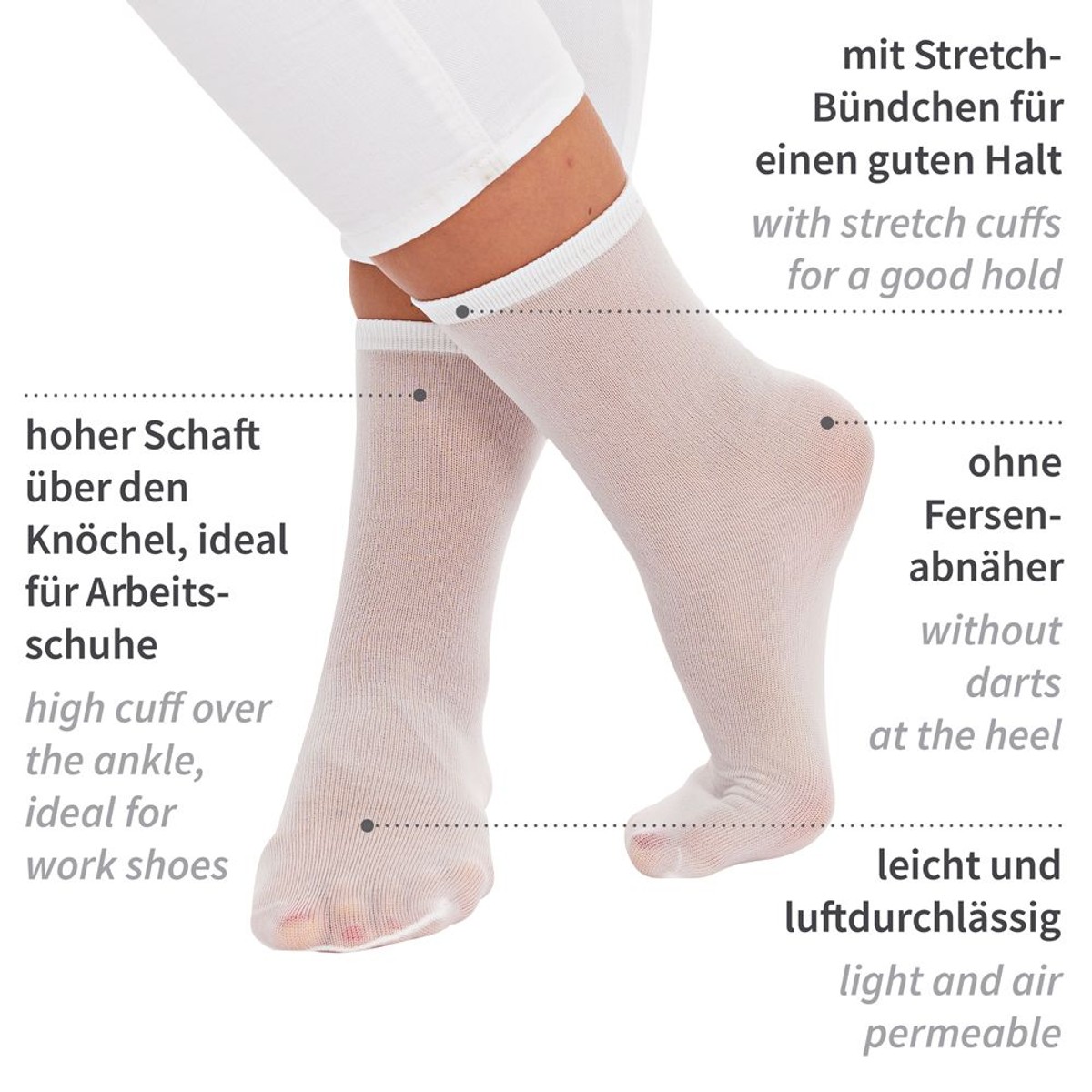 Grafik zur Socke mit Stretch-Bündchen, hohem Schaft, ohne Fersenabnäher, leicht und luftdurchlässig Grafik zur Socke mit Stretch-Bündchen, hohem Schaft, ohne Fersenabnäher, leicht und luftdurchlässig
