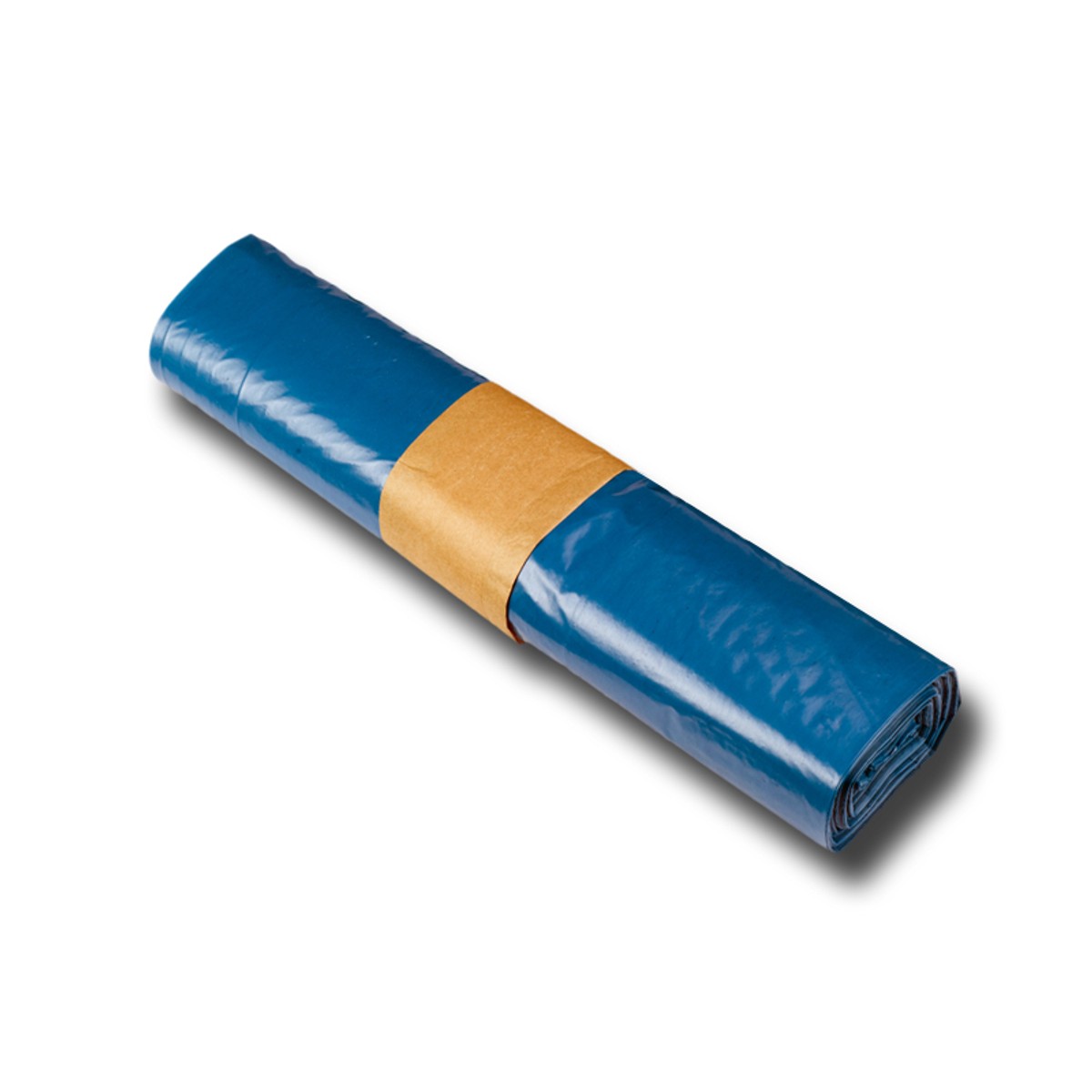 Blaue Müllbeutel-Rolle mit Papierbanderole, schräg liegend