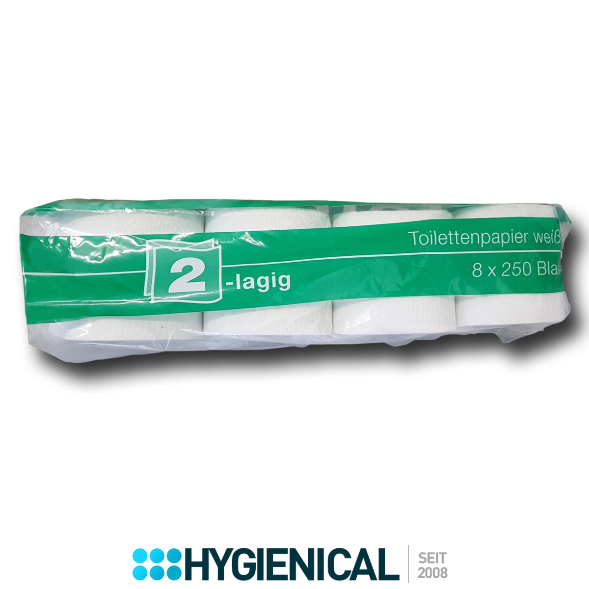 Folienpackung Toilettenpapier 2-lagig, 8 x 250 Blatt, liegend von der Seite Folienpackung Toilettenpapier 2-lagig, 8 x 250 Blatt, liegend von der Seite