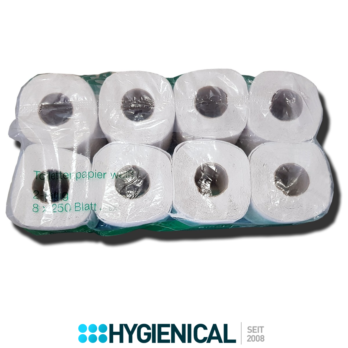 Folienpackung mit acht Rollen Toilettenpapier, Draufsicht auf die Rollenöffnungen Folienpackung mit acht Rollen Toilettenpapier, Draufsicht auf die Rollenöffnungen