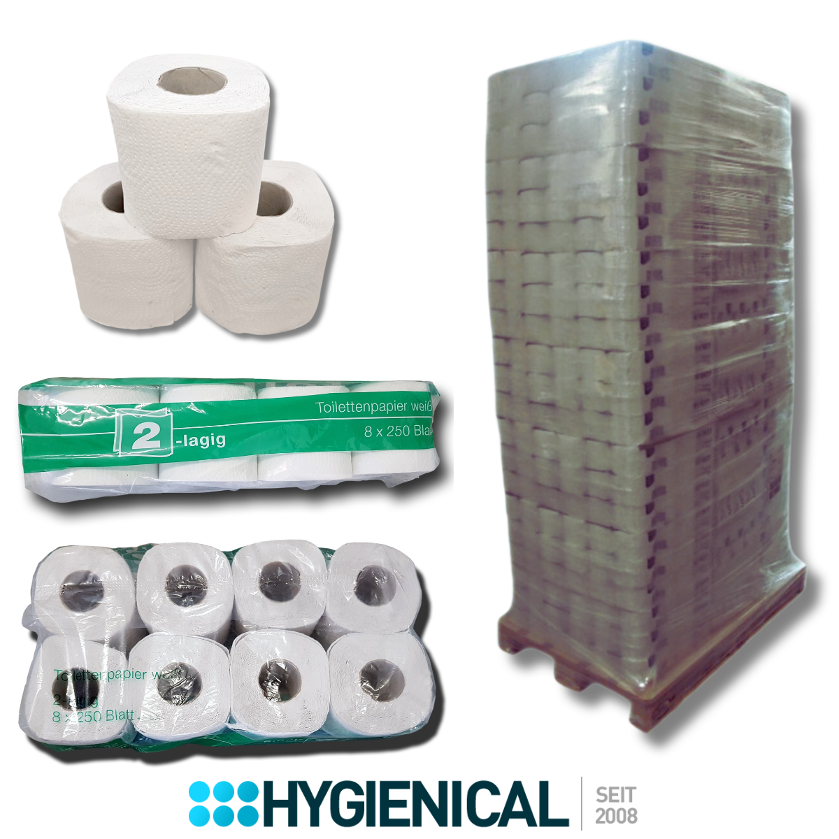 Einzelrollen, Achterpack und Palette mit Toilettenpapier in Folie, Übersicht Einzelrollen, Achterpack und Palette mit Toilettenpapier in Folie, Übersicht