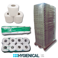 Einzelrollen, Achterpack und Palette mit Toilettenpapier in Folie, Übersicht