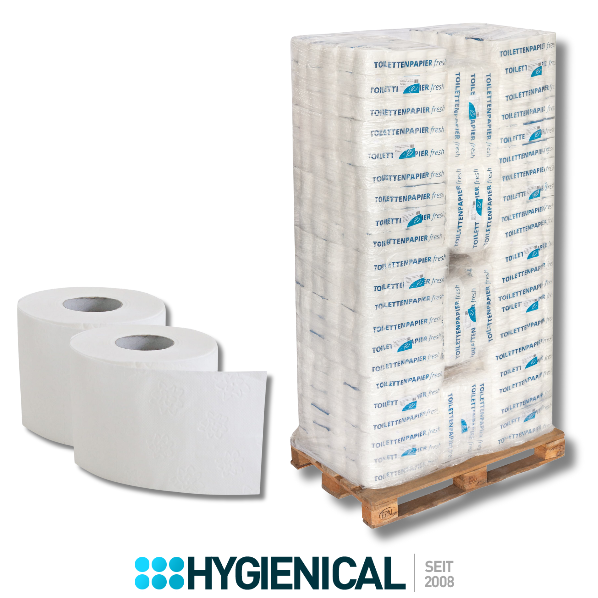 1 Palette Toilettenpapier 2 lagig, Zellstoff, 30 x 64 Rollen je 250 Blatt Hygienical 1 Palette Toilettenpapier 2 lagig, Zellstoff, 30 x 64 Rollen je 250 Blatt Hygienical