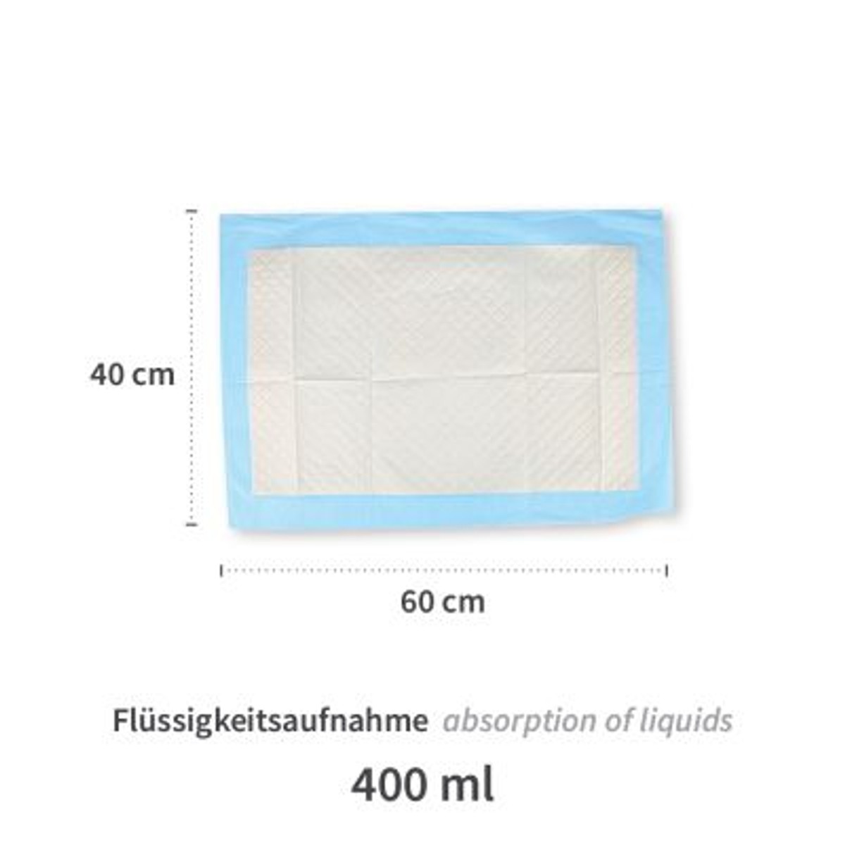 Krankenunterlage 60 x 40 cm mit Maßangaben, Flüssigkeitsaufnahme 400 ml Krankenunterlage 60 x 40 cm mit Maßangaben, Flüssigkeitsaufnahme 400 ml