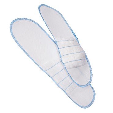 Paar weiße Einweg-Slipper aus Vlies mit blauen Nähten, Draufsicht Paar weiße Einweg-Slipper aus Vlies mit blauen Nähten, Draufsicht