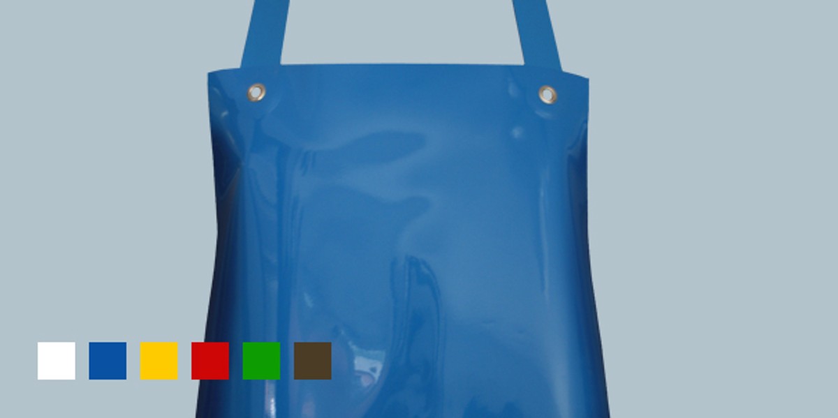 Blaue Latzschürze mit Ösen; Farbmuster Weiß, Blau, Gelb, Rot, Grün, Braun