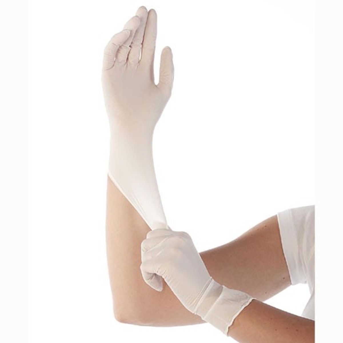 Hellbeiger Handschuh am hochgehaltenen Arm, die andere Hand greift an die Manschette Hellbeiger Handschuh am hochgehaltenen Arm, die andere Hand greift an die Manschette