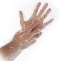 Hände mit transparenten MDPE-Polyethylen-Handschuhen, puderfrei Hände mit transparenten MDPE-Polyethylen-Handschuhen, puderfrei