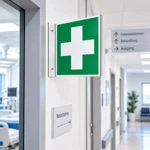 erste hilfe ISO 7010 schild an der Wand ISO 7010 Fahnenschild erste hilfe schild