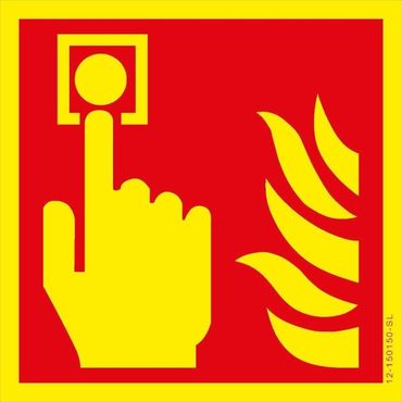 Brandschutzschild „Brandmelder“, ISO 7010 - 10x10cm, PVC Schild, 1 mm stark, lang nachleuchtend nach DIN 67510