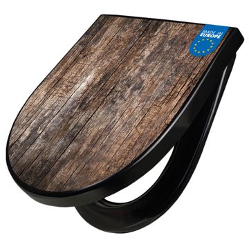 WC Sitz D-Form Schwarz mit Absenkautomatik Motiv Altes Holz