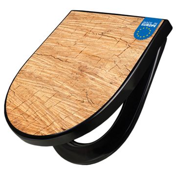 WC Sitz D-Form Schwarz mit Absenkautomatik Motiv Holz Struktur Honig