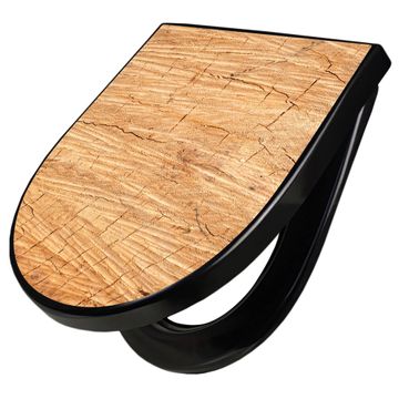 WC Sitz D-Form Schwarz mit Absenkautomatik Motiv Holz Struktur Honig