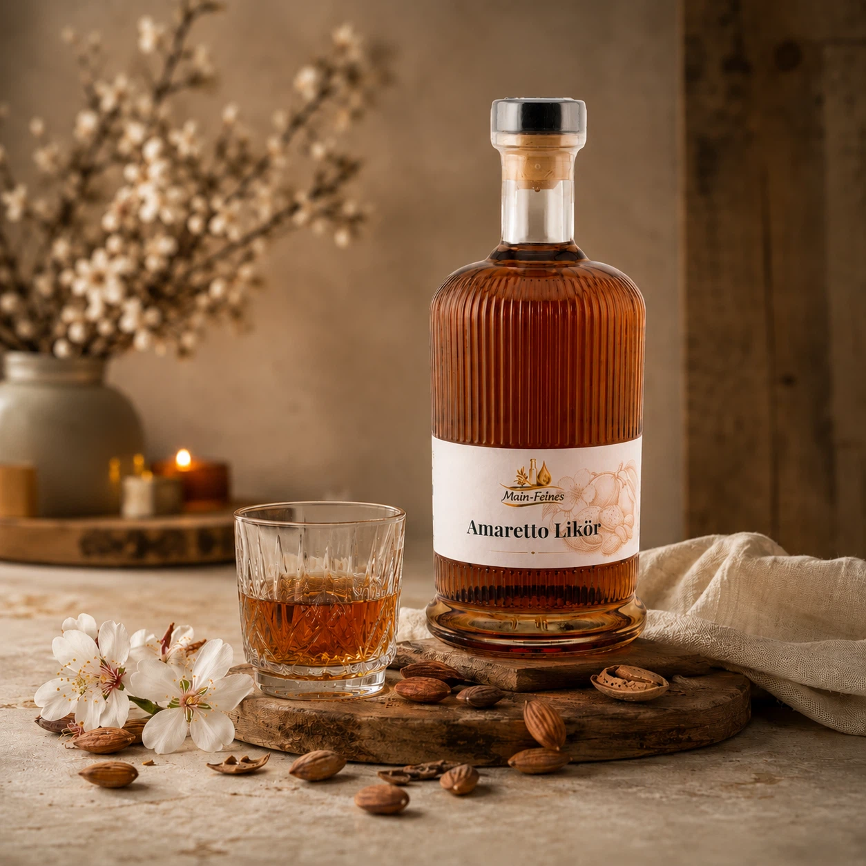 Main-Feines Amaretto Likör – edler Genusslikör mit Mandelnoten Flasche Main-Feines Amaretto Likör mit eingeschenktem Glas, Mandeln und warmer Genussstimmung auf dezentem Hintergrund