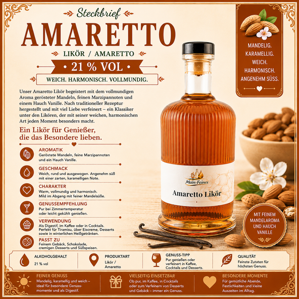 Sternflasche Weihnachtsflasche mit feinem Amaretto Likör mit Mandel- und Marzipannote in weihnachtlicher Deko-Szene mit Mandeln, Marzipanröllchen und einer Vanilleschote – perfekt als Adventsgeschenk, Mitbringsel oder Firmenpräsent