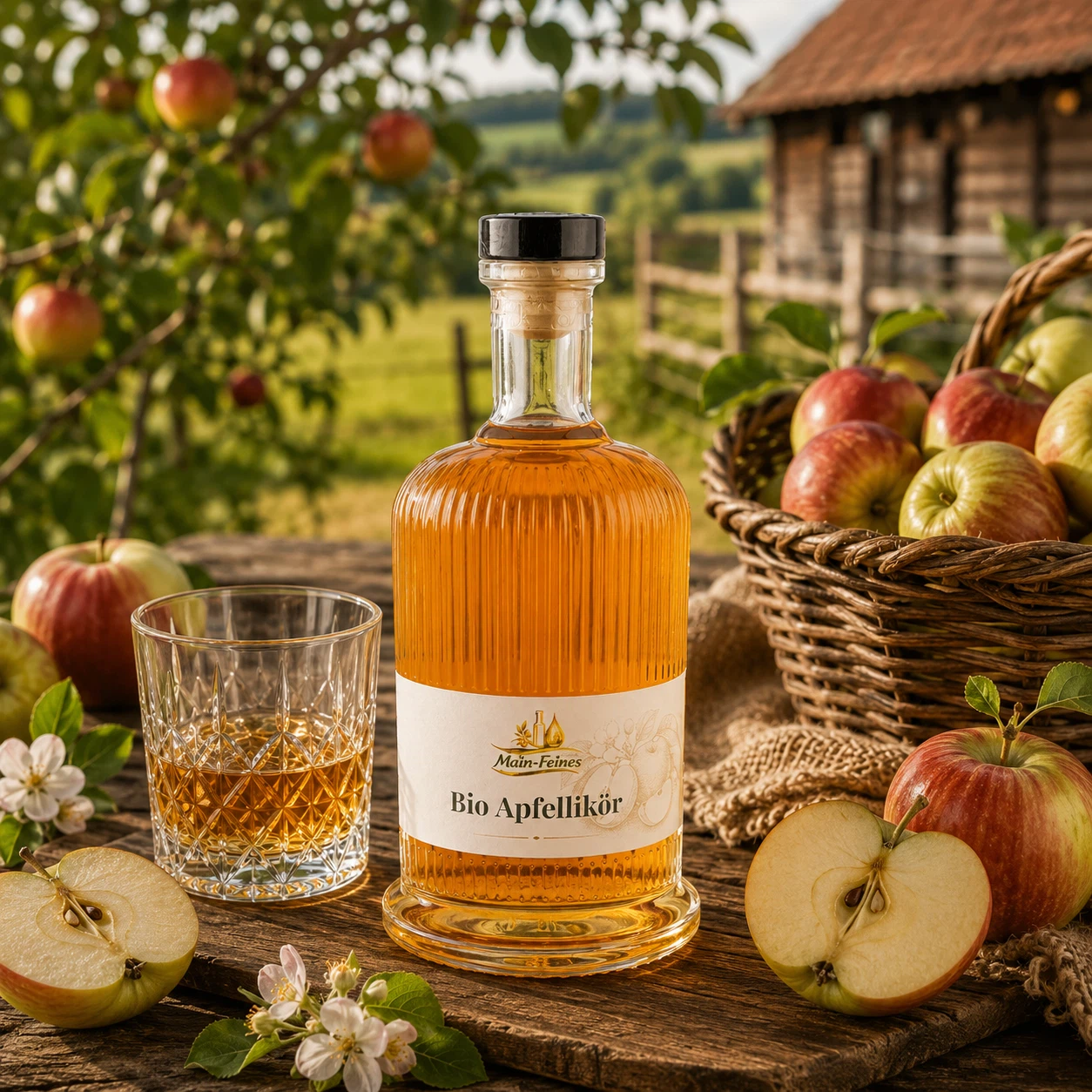 Main-Feines Bio Apfellikör – ländlicher Likörgenuss mit Apfel Flasche Main-Feines Bio Apfellikör mit eingeschenktem Glas, frischen Äpfeln, Apfelblüten und ländlicher Obstgarten-Stimmung
