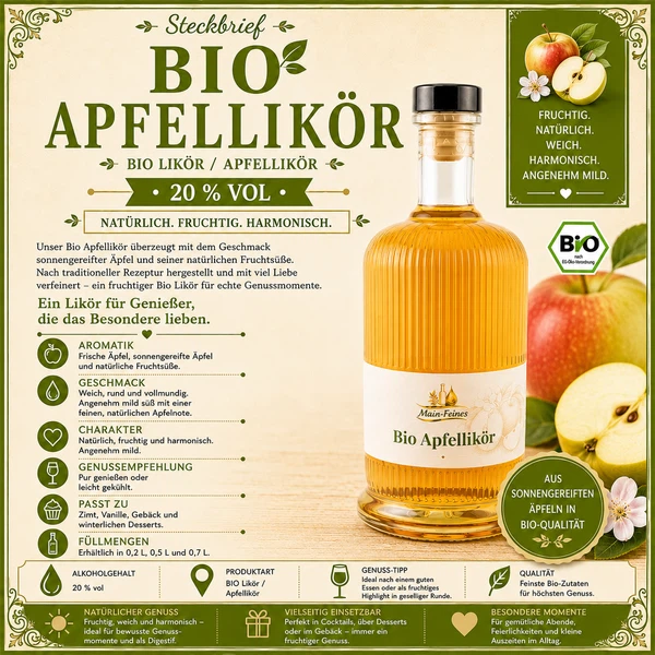 Flasche Main-Feines Bio Apfellikör mit eingeschenktem Glas, frischen Äpfeln, Apfelblüten und ländlicher Obstgarten-Stimmung