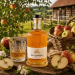 Main-Feines Bio Apfellikör – ländlicher Likörgenuss mit Apfel Flasche Main-Feines Bio Apfellikör mit eingeschenktem Glas, frischen Äpfeln, Apfelblüten und ländlicher Obstgarten-Stimmung