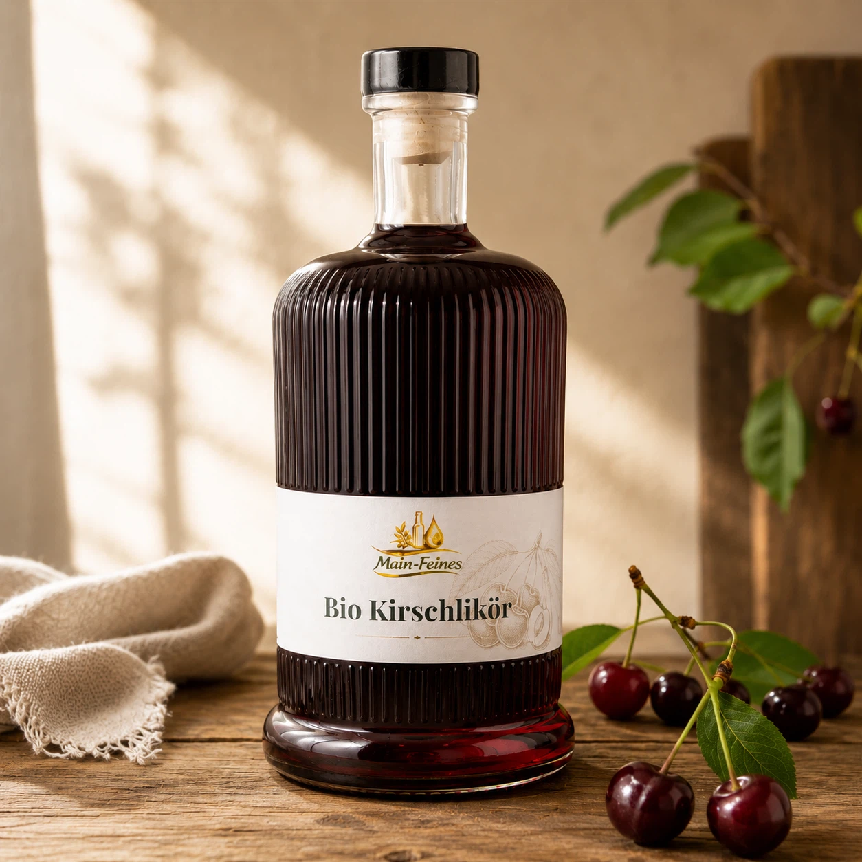 Fruchtiger Kirschlikör Main-Feines Kirschen Likör Kirsch Likör Flasche von Main-Feines auf Holztisch mit Kirschen