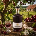 Main-Feines Bio Kirschlikör – ländlicher Fruchtlikör mit Kirschen Flasche Main-Feines Bio Kirschlikör mit eingeschenktem Glas, frischen Kirschen, Kirschblüten und Kirschbaum im ländlichen Hintergrund