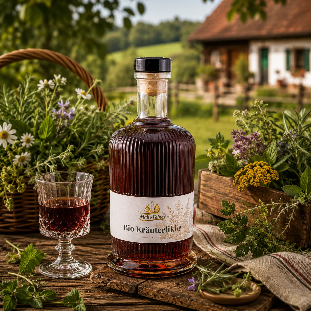 Main-Feines Bio Kräuterlikör – ländlicher Kräutergenuss mit feiner Würze Flasche Main-Feines Bio Kräuterlikör mit eingeschenktem Glas, frischen Kräutern, Wildblumen und ländlicher Gartenstimmung