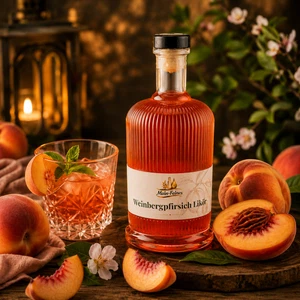 Main-Feines Weinbergpfirsich Likör – fruchtiger Likörgenuss mit Pfirsich Flasche Main-Feines Weinbergpfirsich Likör mit eingeschenktem Glas, frischen Pfirsichen und warmer sommerlicher Genussstimmung