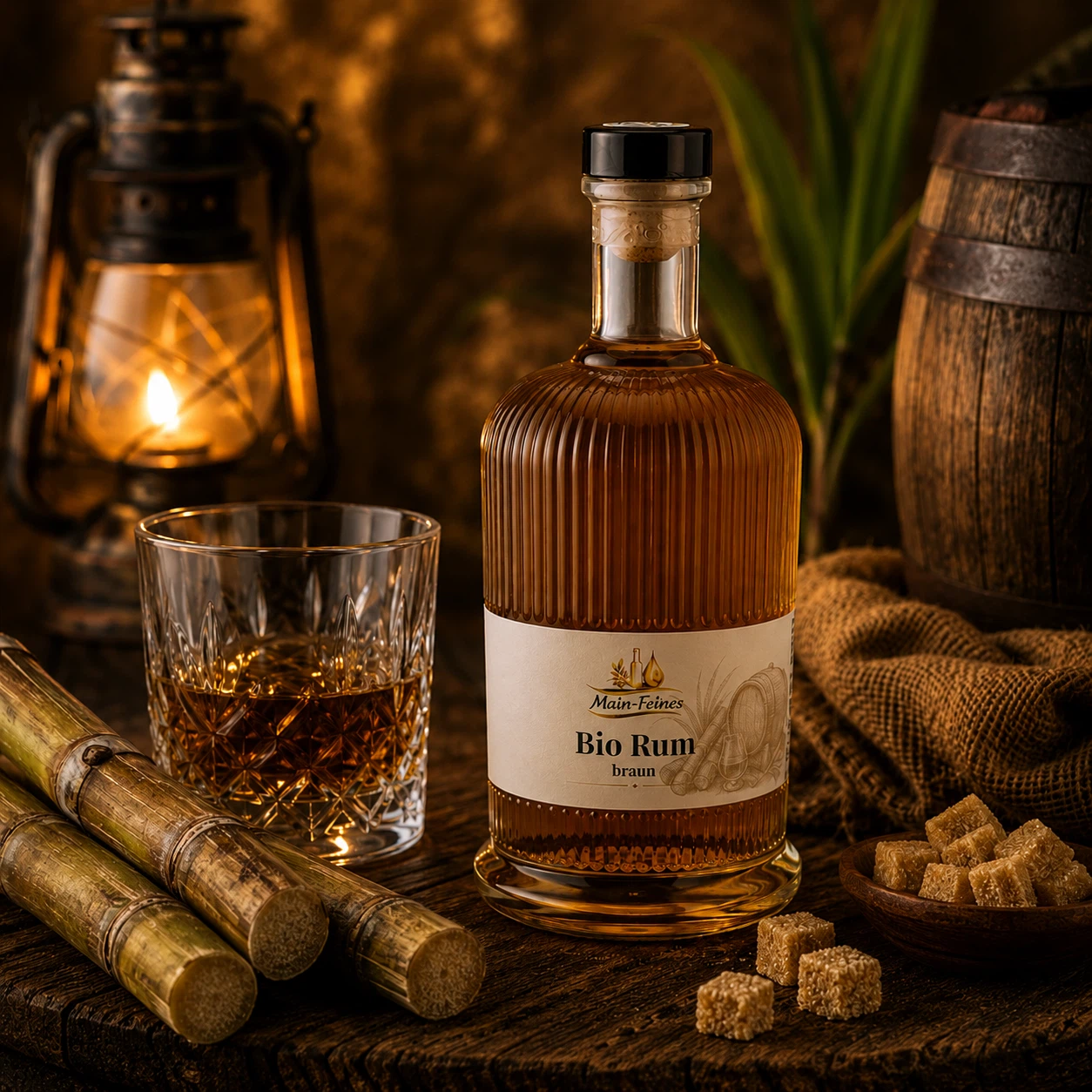 Main-Feines Bio Rum braun – edle Spirituose für besondere Genussmomente Flasche Main-Feines Bio Rum braun mit eingeschenktem Glas, Zuckerrohr, Rohrzucker und warmer Barstimmung