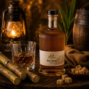 Main-Feines Bio Rum braun – edle Spirituose für besondere Genussmomente Flasche Main-Feines Bio Rum braun mit eingeschenktem Glas, Zuckerrohr, Rohrzucker und warmer Barstimmung