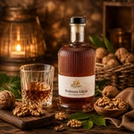 Main-Feines Walnuss Likör mit Weinbrand – nussiger Likörgenuss Flasche Main-Feines Walnuss Likör mit Weinbrand, eingeschenktem Glas, Walnüssen und warmer Genussstimmung