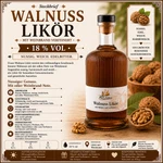 Steckbrief Main-Feines Walnuss Likör mit Weinbrand – nussiger Likörgenuss Übersicht Flasche Main-Feines Walnuss Likör mit Weinbrand, eingeschenktem Glas, Walnüssen und warmer Genussstimmung
