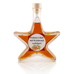 Walnuss-Likör in Sternflasche Geschenkflasche 200 ml – Frontansicht Sternflasche Geschenkflasche 200 ml gefüllt mit aromatischem Walnusslikör, verfeinert mit Weinbrand (18% Vol.), Frontansicht – ideales Weihnachtsgeschenk und Mitbringsel im Advent