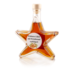 Walnuss-Likör Sternflasche Likörflasche 200 ml – Seitenansicht links Sternflasche Likörflasche mit aromatischem Walnusslikör, verfeinert mit Weinbrand, Seitenansicht links, klares Sternglas mit Facettenschliff