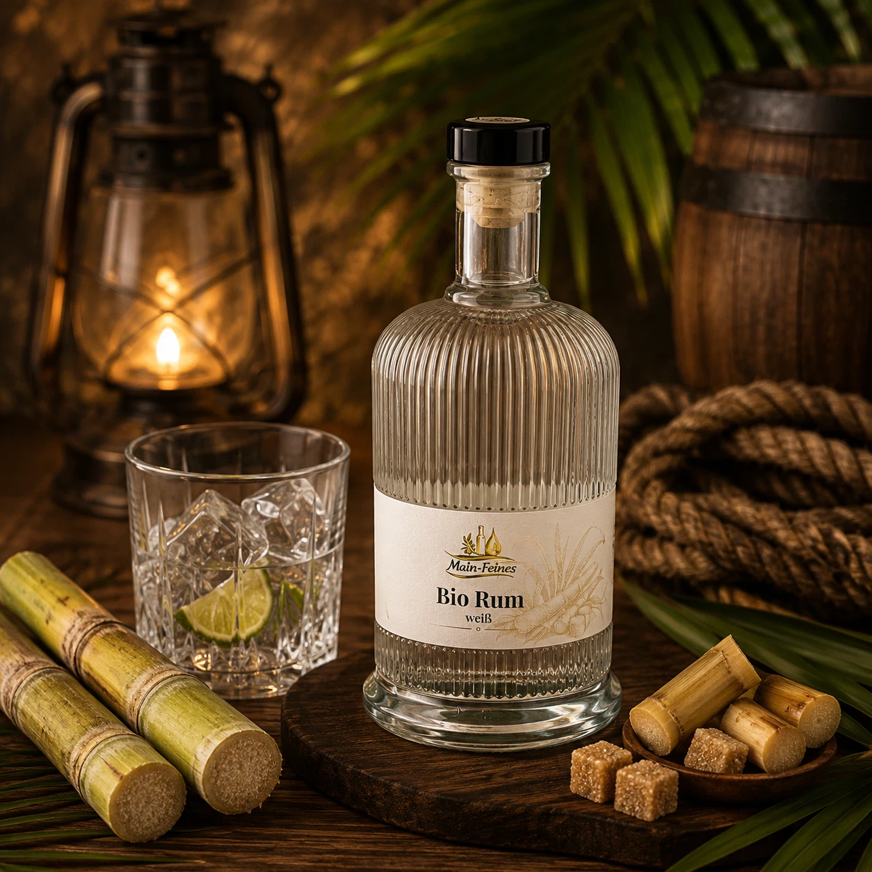 Main-Feines Bio Rum weiß – klare Spirituose für tropische Genussmomente Flasche Main-Feines Bio Rum weiß mit Glas, Eis, Limette, Zuckerrohr und warmer tropischer Barstimmung