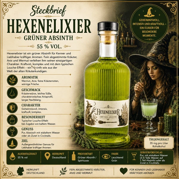 Main-Feines Hexenelixier – grüner Absinth mit mystischer Kräuterstimmung Flasche Main-Feines Hexenelixier Grüner Absinth mit Glas, Kräutern, Laterne und mystischer Genussstimmung