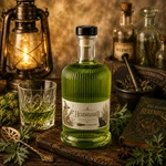 Main-Feines Hexenelixier – grüner Absinth mit mystischer Kräuterstimmung Flasche Main-Feines Hexenelixier Grüner Absinth mit Glas, Kräutern, Laterne und mystischer Genussstimmung