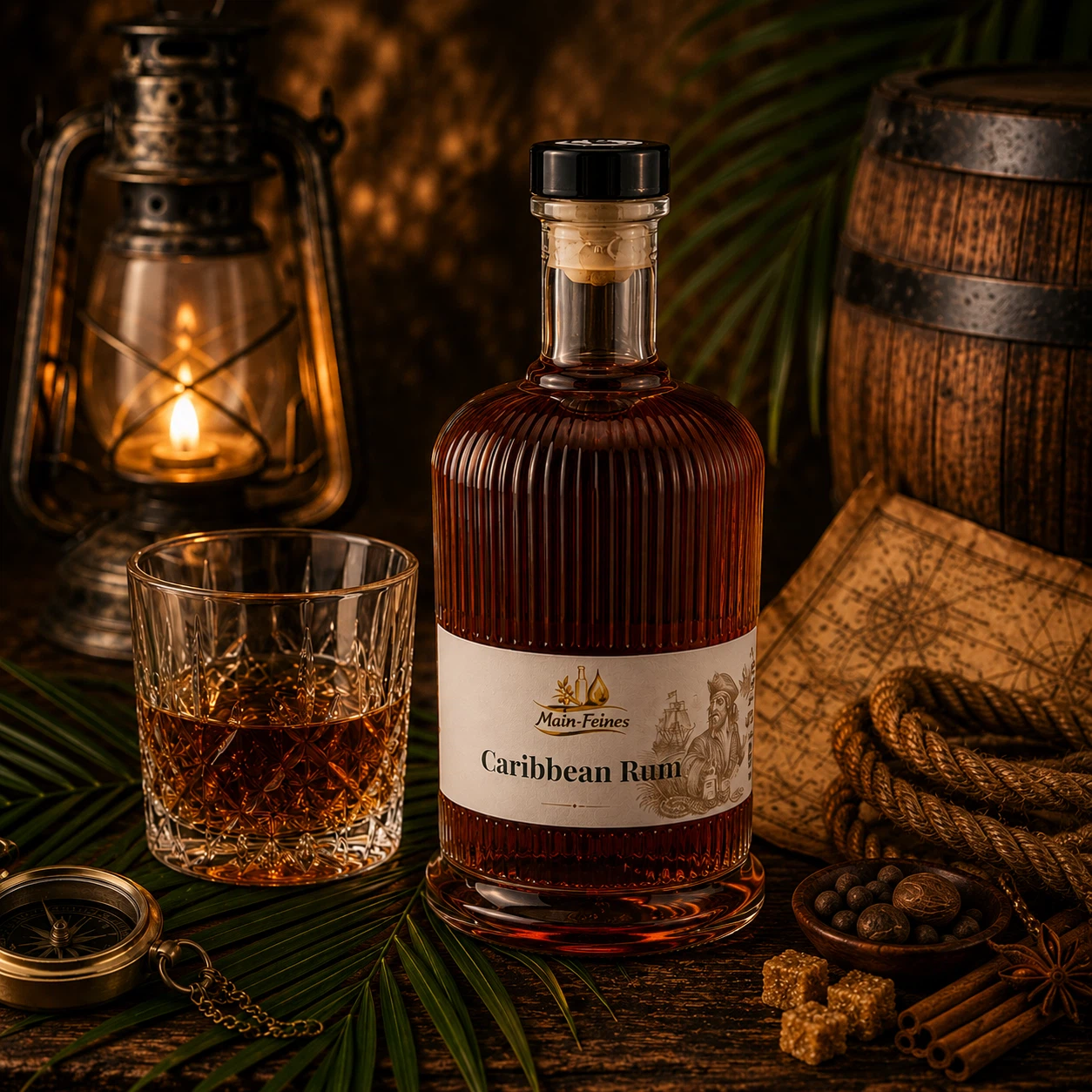 Main-Feines Caribbean Rum – edle Spirituose für besondere Genussmomente Flasche Main-Feines Caribbean Rum mit eingeschenktem Glas, Laterne, Holzfass, Gewürzen und warmer Barstimmung