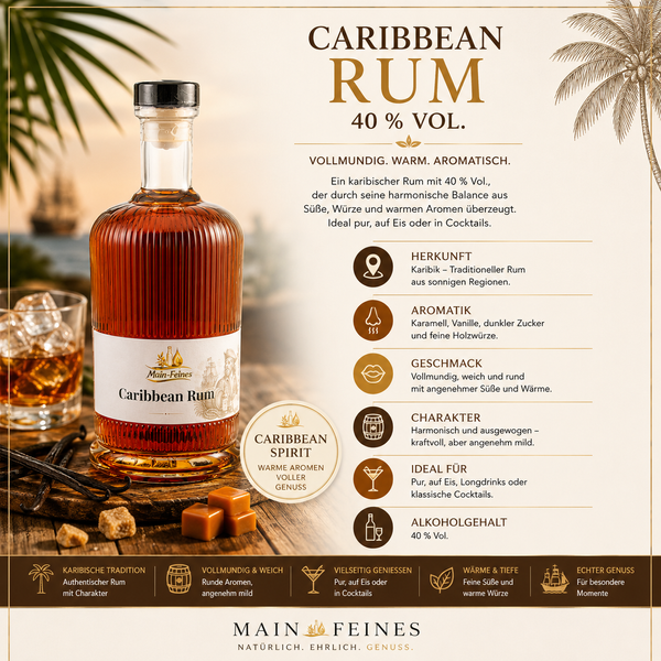 Main-Feines Caribbean Rum – edle Spirituose für besondere Genussmomente Flasche Main-Feines Caribbean Rum mit eingeschenktem Glas, Laterne, Holzfass, Gewürzen und warmer Barstimmung