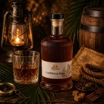 Flasche Main-Feines Caribbean Rum mit eingeschenktem Glas, Laterne, Holzfass, Gewürzen und warmer Barstimmung