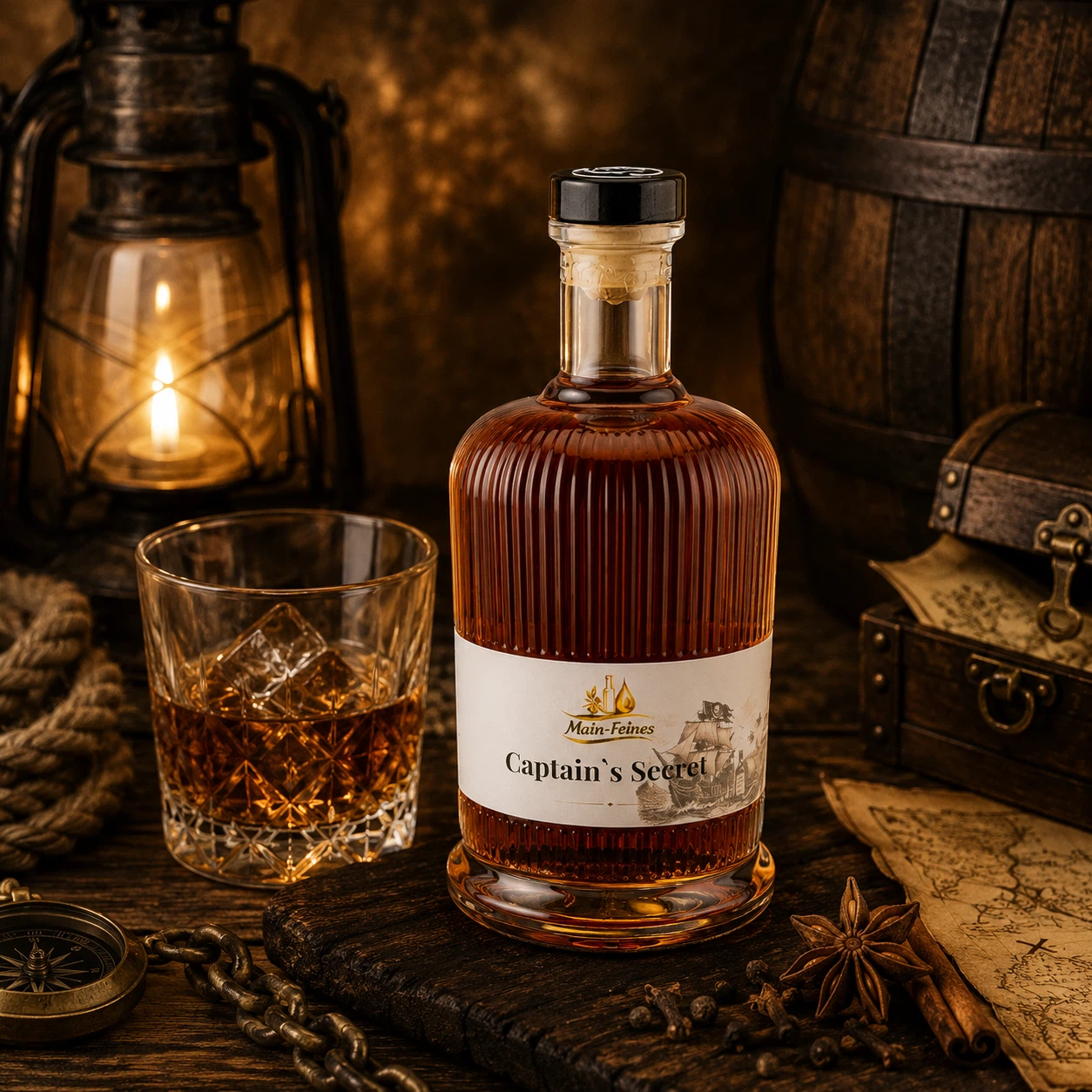 Main-Feines Captain’s Secret Rum – edle Spirituose für besondere Genussmomente Flasche Main-Feines Captain’s Secret Rum mit eingeschenktem Glas, Holzfass, Laterne und warmer Barstimmung