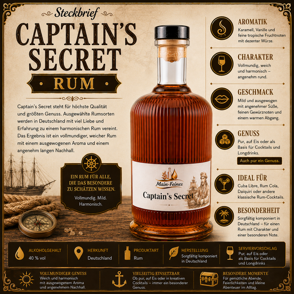 Main-Feines Captain’s Secret Rum – edle Spirituose für besondere Genussmomente Flasche Main-Feines Captain’s Secret Rum mit eingeschenktem Glas, Holzfass, Laterne und warmer Barstimmung