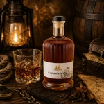 Main-Feines Captain’s Secret Rum – edle Spirituose für besondere Genussmomente Flasche Main-Feines Captain’s Secret Rum mit eingeschenktem Glas, Holzfass, Laterne und warmer Barstimmung