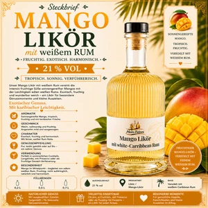 Zusammenfassung Caribbean Style Mango Likör Rum mit intensiver exotischer Fruchtnote Steckbrief Mango Likör von Main-Feines mit weißem Rum
